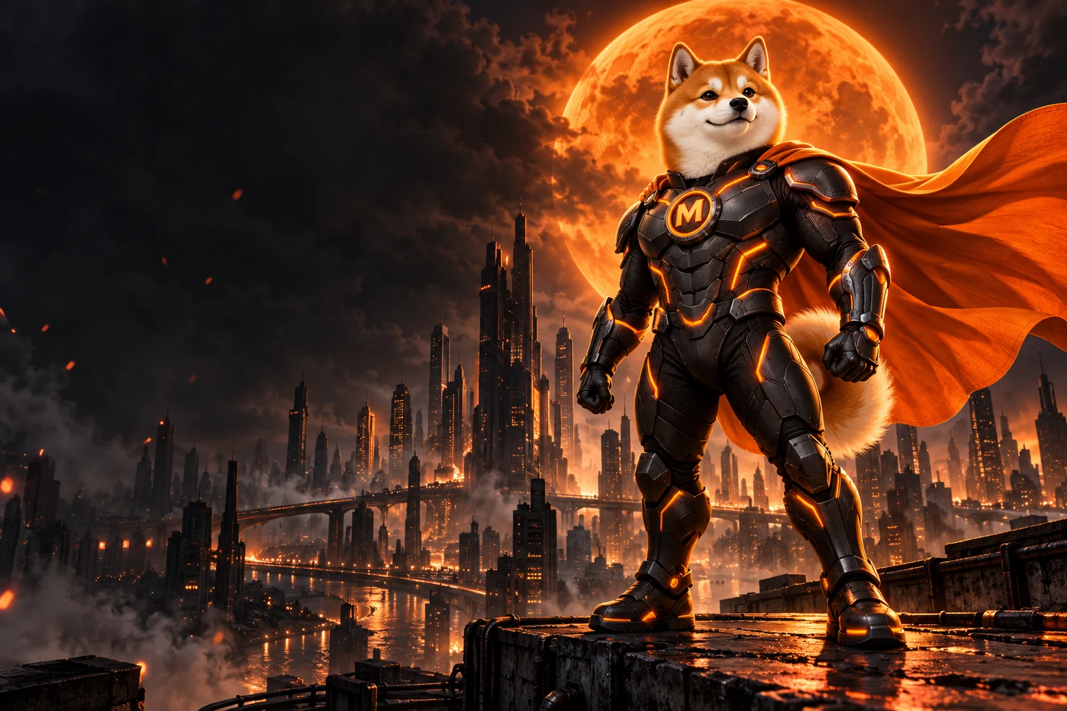 Monero Inu on a city rooftop, orange cape sweeping across the skyline