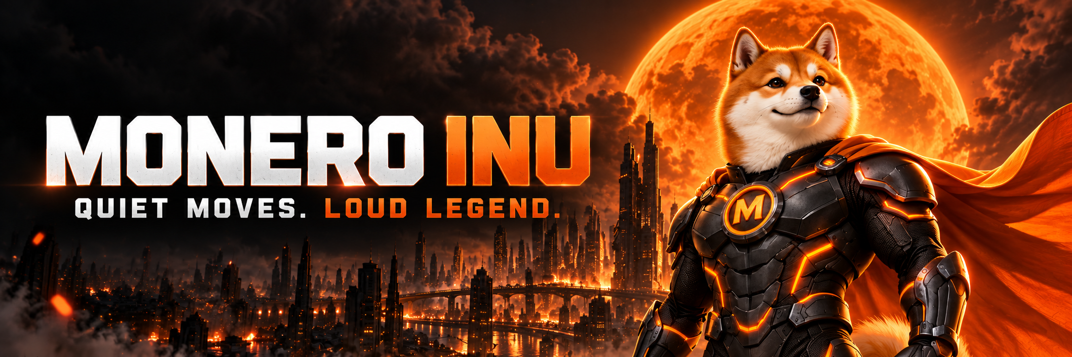 Monero Inu in orange armour above a futuristic city. Quiet moves. Loud legend.